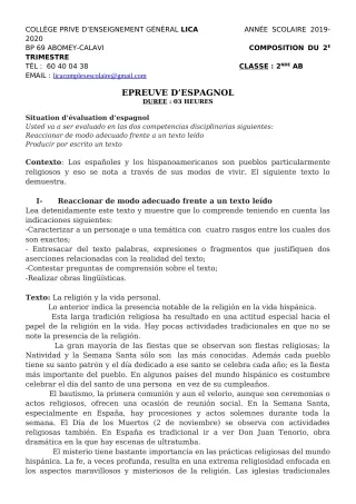Première page de Espagnol 2nde A2, 2nde B — Composition, 1er trimestre (2019-2020) · CPEG LICA