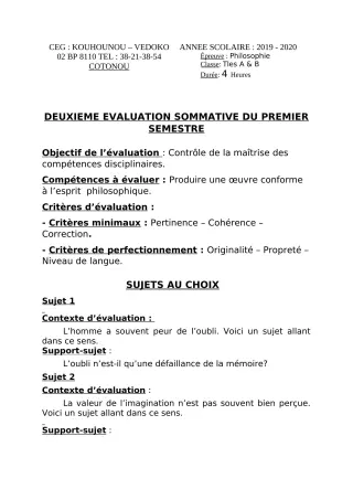 Première page de Philosophie Tle A1, Tle A2, Tle B — 2e évaluation sommative, 1er semestre (2019-2020) · CEG Kouhounou-Vêdoko