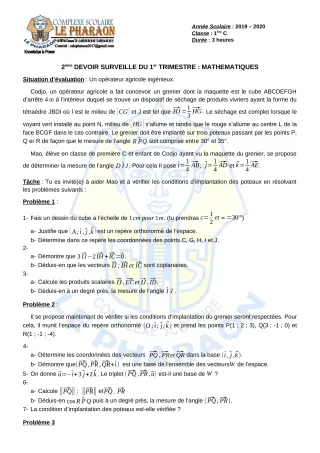 Première page de Mathématiques 1ère C — 2e devoir surveillé, 1er trimestre (2019-2020) · CPEG LE PHARAON