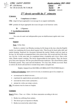 Première page de Anglais 4e, 4e ML — 2e devoir surveillé, 1er trimestre (2021-2022) · CPEG SAINT Justin