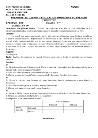 Première page de PCT 5e — Évaluation sommative, 1er trimestre (2019-2020) · CPEG ENFANT PRODIGE