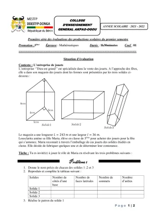 Première page de Mathématiques 5e — Production scolaire, 1er semestre (2021-2022) · CEG Akpao-Ogou
