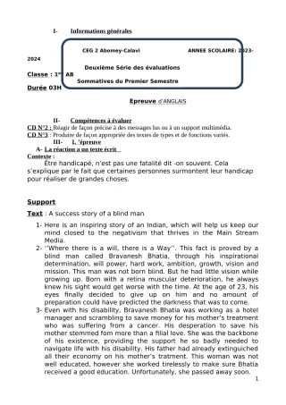 Première page de Anglais 1ère A & B — 2e évaluation sommative, 1er semestre (2023-2024) · CEG2 ABOMEY - CALAVI (CEG ZOCA)