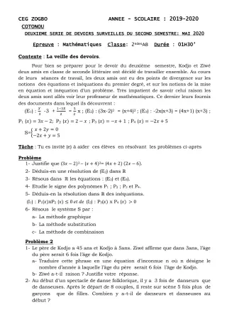 Première page de Mathématiques 2nde A, 2nde A1, 2nde A2, 2nde B — 2e devoir surveillé, 2e semestre (2019-2020) · CEG ZOGBO