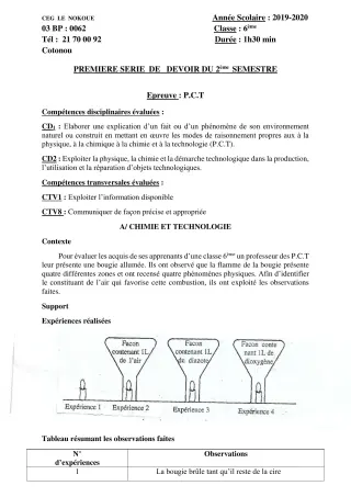 Première page de PCT 6e — 1er devoir surveillé, 2e semestre (2019-2020) · CEG LE NOKOUE