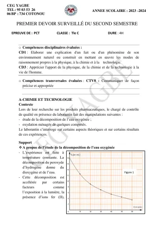 Première page de PCT Tle C — 1er devoir surveillé, 2e semestre (2023-2024) · CEG Yagbe