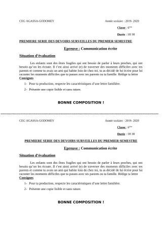 Première page de Français 6e — 1er devoir surveillé, 1er semestre (2019-2020) · CEG Agassa Godomey