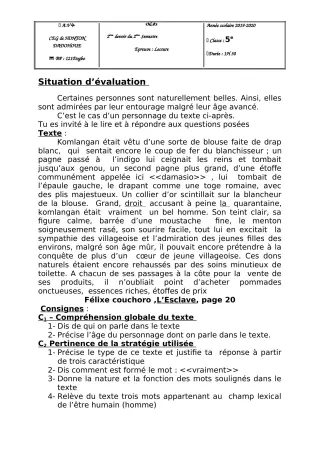 Première page de Français 5e — 2e devoir surveillé, 2e semestre (2019-2020) · CEG Honton