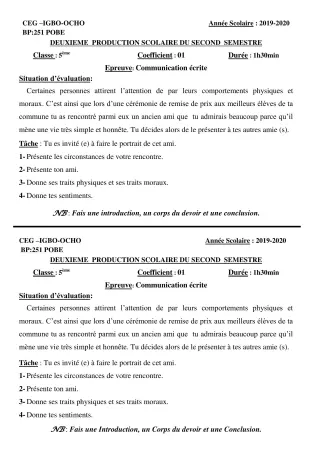 Première page de Français 5e — 2e production scolaire, 2e semestre (2019-2020) · CEG Igbo-ocho