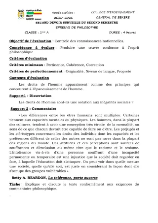 Première page de Philosophie 2nde A2 — 2e devoir surveillé, 2e semestre (2020-2021) · CEG SEKERE