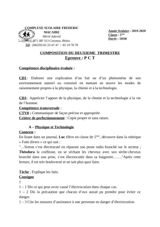 Première page de PCT 6e, 5e, 4e — Composition, 2e trimestre (2019-2020) · CPEG Frédéric Macaire