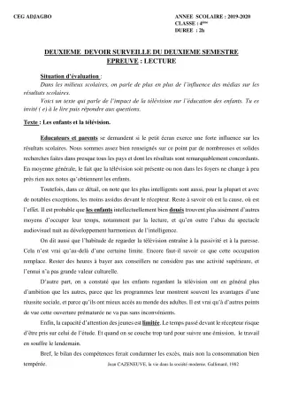 Première page de Français 4e, 4e ML — 2e devoir surveillé, 2e semestre (2019-2020) · CEG ADJAGBO