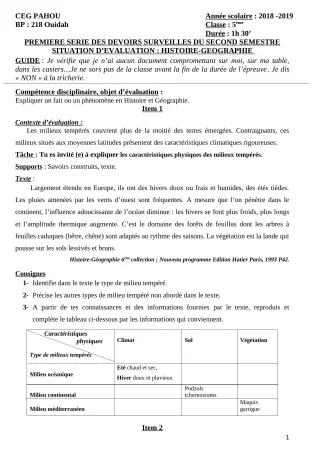 Première page de Histoire-Géographie 5e — 1er devoir surveillé, 2e semestre (2018-2019) · CEG PAHOU