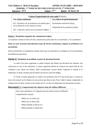 Première page de SVT 5e — 1er devoir surveillé, 2e semestre (2018-2019) · CEG Hubert C. MAGA