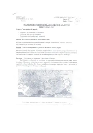 Première page de SVT 4e, 4e ML — 2e devoir surveillé, 2e semestre (2018-2019) · CEG du Lac