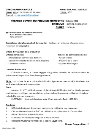 Première page de Histoire-Géographie 5e — Composition, 1er trimestre (2022-2023) · CPEG MARIA-CAROLE