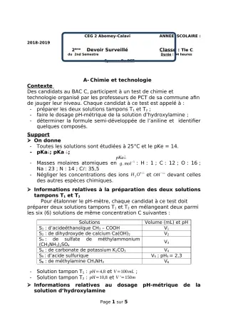 Première page de PCT Tle C — Devoir surveillé, 2e semestre (2018-2019) · CEG2 ABOMEY - CALAVI (CEG ZOCA)