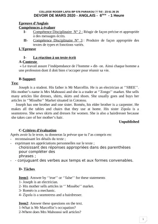 Première page de Anglais 6e — Devoir surveillé (2019-2020) · CPEG Roger LAFIA
