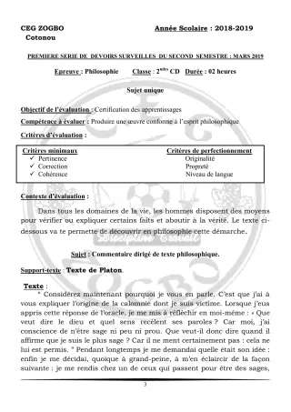 Première page de Philosophie 2nde C, 2nde D — 1er devoir surveillé, 2e semestre (2018-2019) · CEG ZOGBO