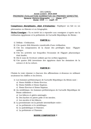 Première page de Histoire-Géographie 5e — 1re évaluation sommative, 1er semestre (2019-2020) · CEG GAROU