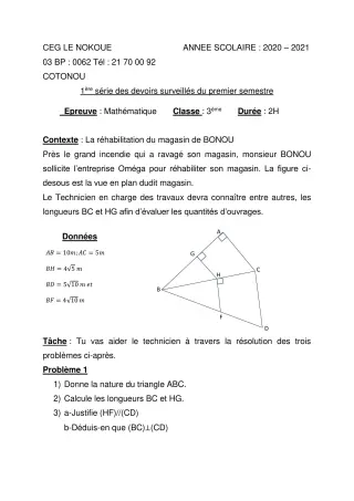 Première page de Mathématiques 3e, 3e ML — 1er devoir surveillé, 1er semestre (2020-2021) · CEG LE NOKOUE