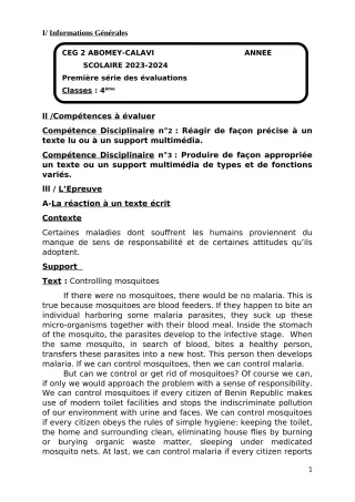 Première page de Anglais 4e — 1re évaluation sommative (2023-2024) · CEG2 ABOMEY - CALAVI (CEG ZOCA)
