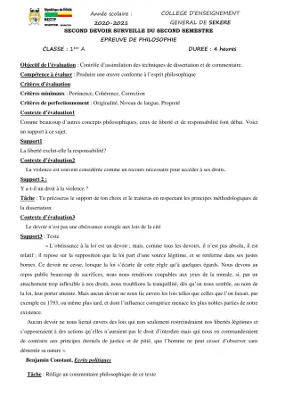 Première page de Philosophie 1ère A2 — 2e devoir surveillé, 2e semestre (2020-2021) · CEG SEKERE