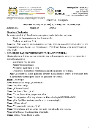 Première page de Espagnol 4e — 1re production scolaire, 1er semestre (2022-2023) · CEG1 Ikpinlè