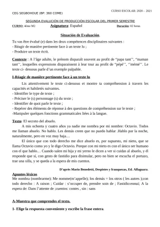 Première page de Espagnol 4e ML, 3e ML, 2nde A & B, 1ère A & B, Tle A & B — 2020-2021 · CEG SEGBOHOUE