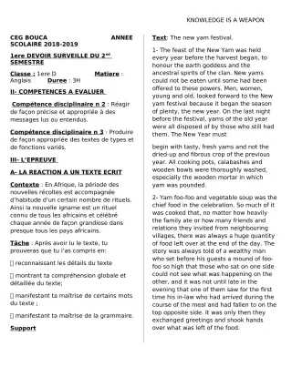 Première page de Anglais 1ère D — 1er devoir surveillé, 2e semestre (2018-2019) · CEG BOUCA