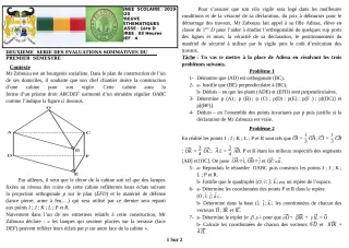 Première page de Mathématiques 1ère D — 2e évaluation sommative, 1er semestre (2019-2020) · CEG GBESSOU