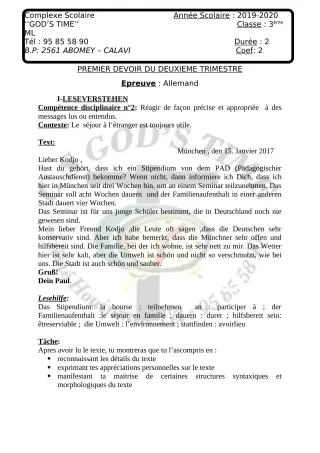 Première page de Allemand 3e ML — 1er devoir surveillé, 2e trimestre (2019-2020) · CPEG GOD'S TIME
