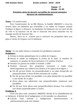 Première page de Mathématiques 4e, 4e ML — 1er devoir surveillé, 2e semestre (2018-2019) · Ceg OUESSE