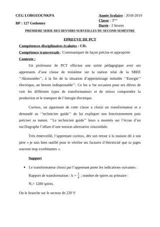 Première page de PCT 3e — 1er devoir surveillé, 2e semestre (2018-2019) · CEG Lobozounkpa