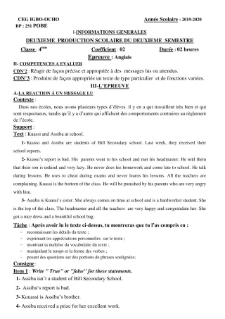 Première page de Anglais 4e — 2e production scolaire, 2e semestre (2019-2020) · CEG Igbo-ocho