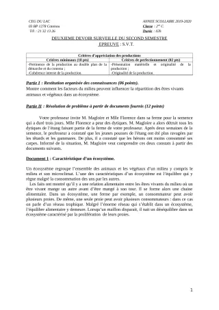 Première page de SVT 2nde C — 2e devoir surveillé, 2e semestre (2019-2020) · CEG du Lac
