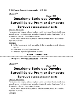 Première page de Français 5e — 2e devoir surveillé, 1er semestre (2019-2020) · CEG Agassa Godomey