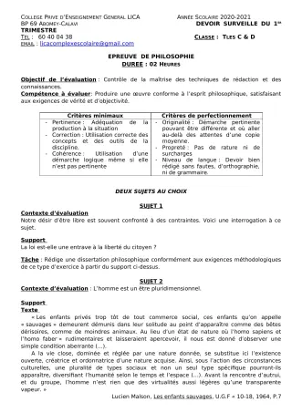 Première page de Philosophie Tle C, Tle D — 1er devoir surveillé, 1er trimestre (2020-2021) · CPEG LICA