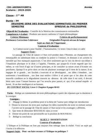 Première page de Philosophie 1ère A2, 1ère B — 2e évaluation sommative, 1er semestre (2019-2020) · CEG Ahossougbéta