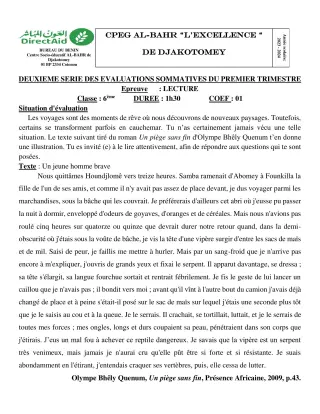 Première page de Français 6e, 5e — 2e évaluation sommative, 1er trimestre (2023-2024) · CPEG L'EXCELLENCE