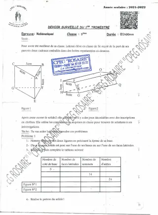 Première page de Mathématiques 5e — Devoir surveillé, 1er trimestre (2021-2022) · CPEG ROSAIRE