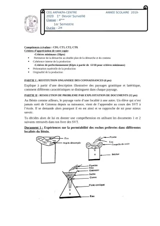 Première page de SVT 4e — 1er devoir surveillé, 1er semestre (2019-2020) · CEG 1 Akpakpa-Centre