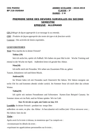 Première page de Allemand 3e ML — 1er devoir surveillé, 2e semestre (2018-2019) · CEG PAHOU