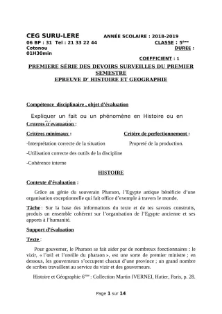 Première page de Histoire-Géographie 5e, 4e, 4e ML, 3e, 3e ML, 2nde A & B, 1ère A, 1ère B, 1ère C, 1ère D, Tle C, Tle D — 1er devoir surveillé, 1er semestre (2018-2019) · CEG SURU-LERE