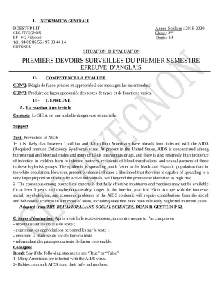Première page de Anglais 3e, 3e ML — Devoir surveillé, 1er semestre (2019-2020) · CEG FIYEGNON