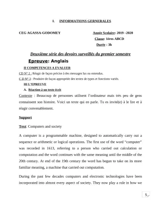 Première page de Anglais 1ère A, 1ère A2, 1ère B, 1ère C, 1ère D — 2e devoir surveillé, 1er semestre (2019-2020) · CEG Agassa Godomey