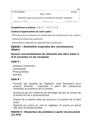 Première page de SVT 5e — 1er devoir surveillé, 1er semestre (2019-2020) · CEG GAROU