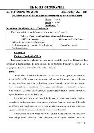 Première page de Histoire-Géographie 2nde A, 2nde A1, 2nde A2, 2nde B — 2e évaluation sommative, 1er semestre (2022-2023) · CEG - TOFFO