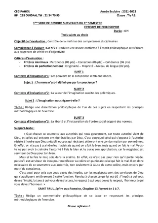 Première page de Philosophie Tle A2, Tle B — 1er devoir surveillé, 1er semestre (2021-2022) · CEG PAHOU