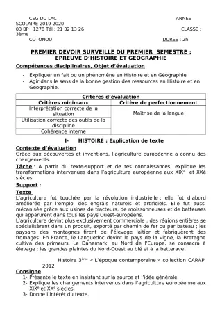 Première page de Histoire-Géographie 3e, 3e ML — 1er devoir surveillé, 1er semestre (2019-2020) · CEG du Lac